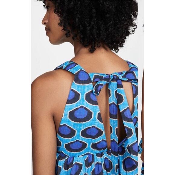 Rhode Leela Tiered Abstract Print Cotton Midi Dress in Blue Ikat Size Medium - Picture 4 of 10